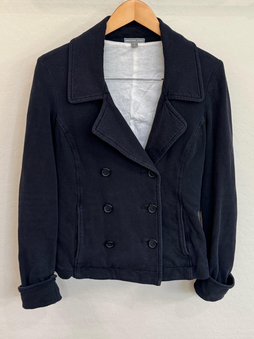 James Perse Black Cotton Knit Double Breasted Blazer Jacket Coat Size 2